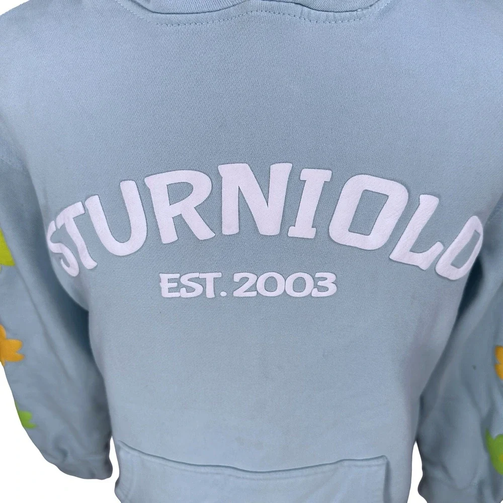 Sturniolo‎ Clothing Light Blue Est 2003 Hoodie Floral Sleeve Print Men's Medium